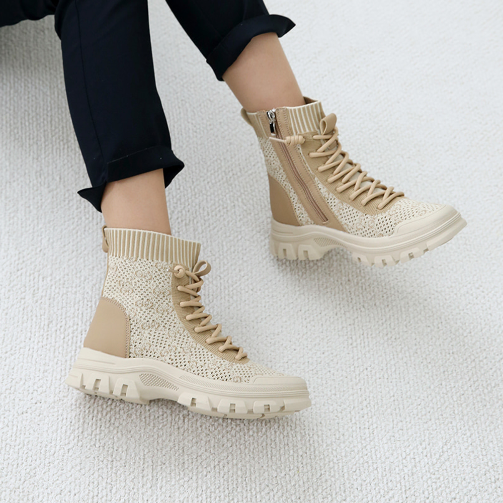 [GIRLS GOOB] Women's Lace Up Casual Comfort Ankle Sneakers, Girl's Fashion Shoes, Boots, Knit + Synthetic Leather - Made in KOREA